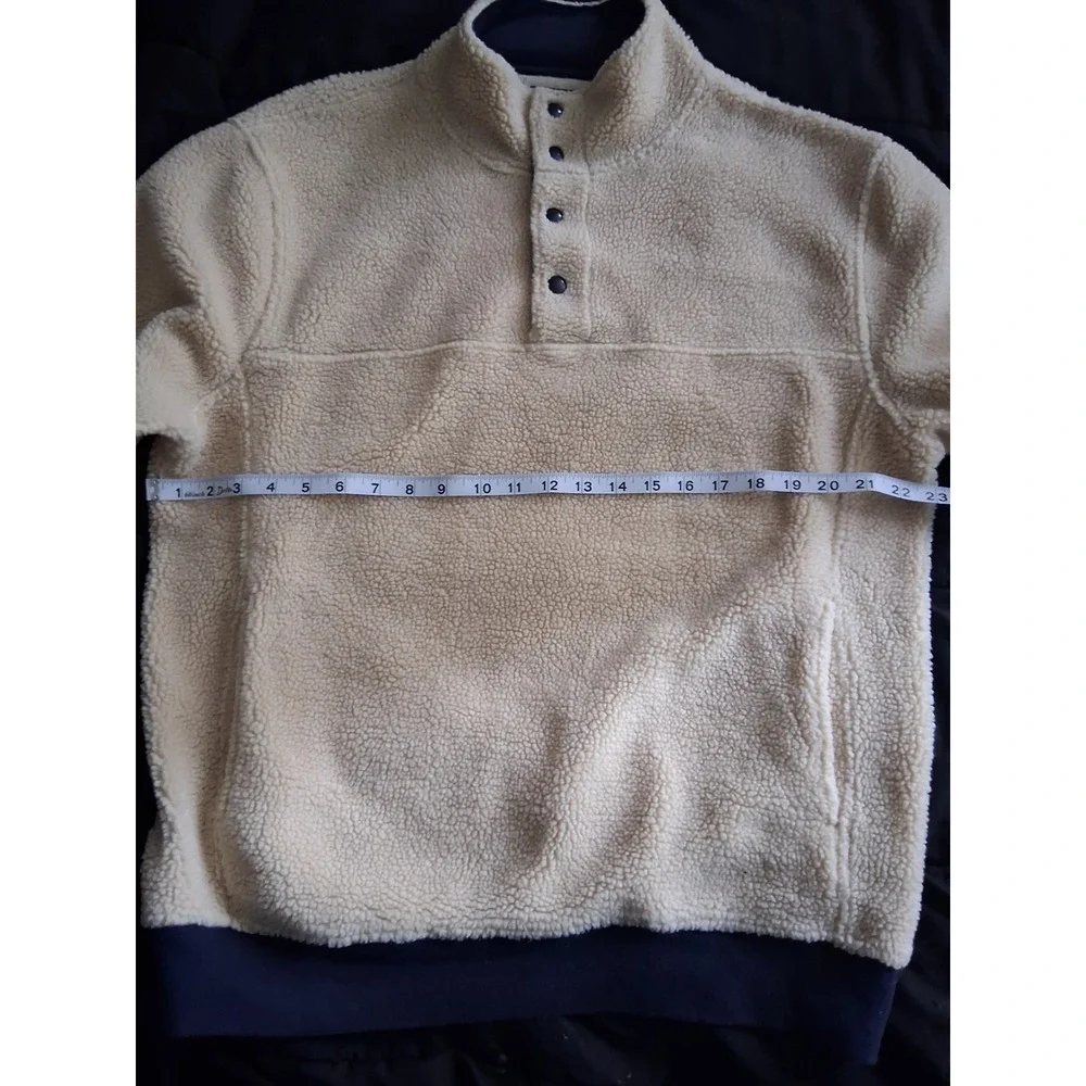J.Crew Authentic Fleece Sherpa Pullover Cream Navy Blue Snap Mock Neck Mens L